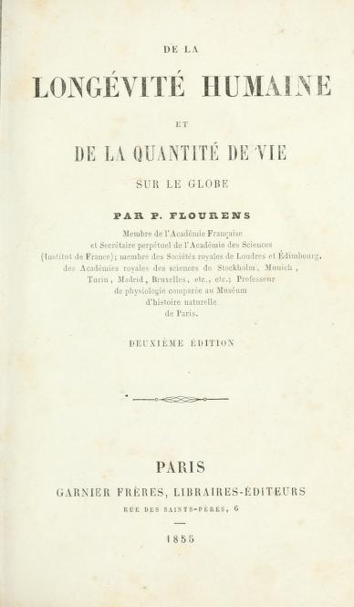 Title page of De la longévité humaine et de la quantité de vie sur le globe, by P. Flourens.