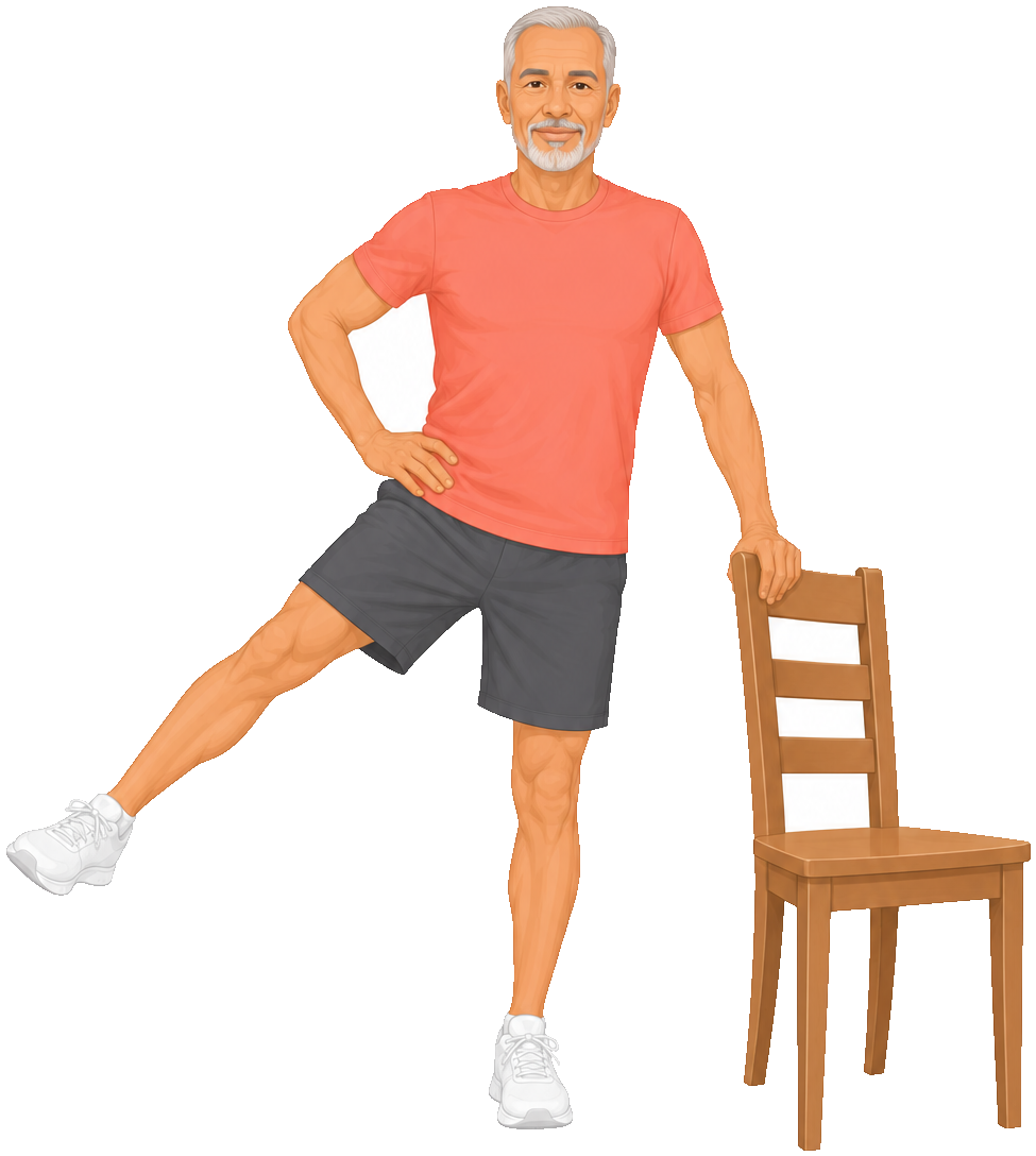 Exercise: leg strengthening with support from a chair.